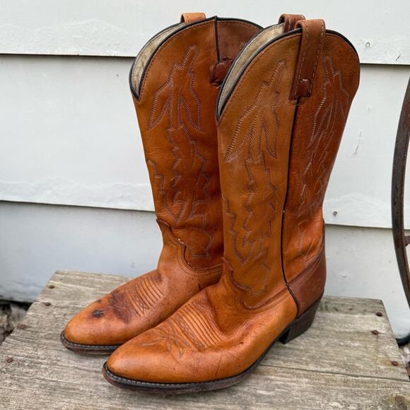 VTG Dan Post P2551 Marlboro Orange Brown Leather Cowboy Western Boots 9 1/2 D - Picture 1 of 11